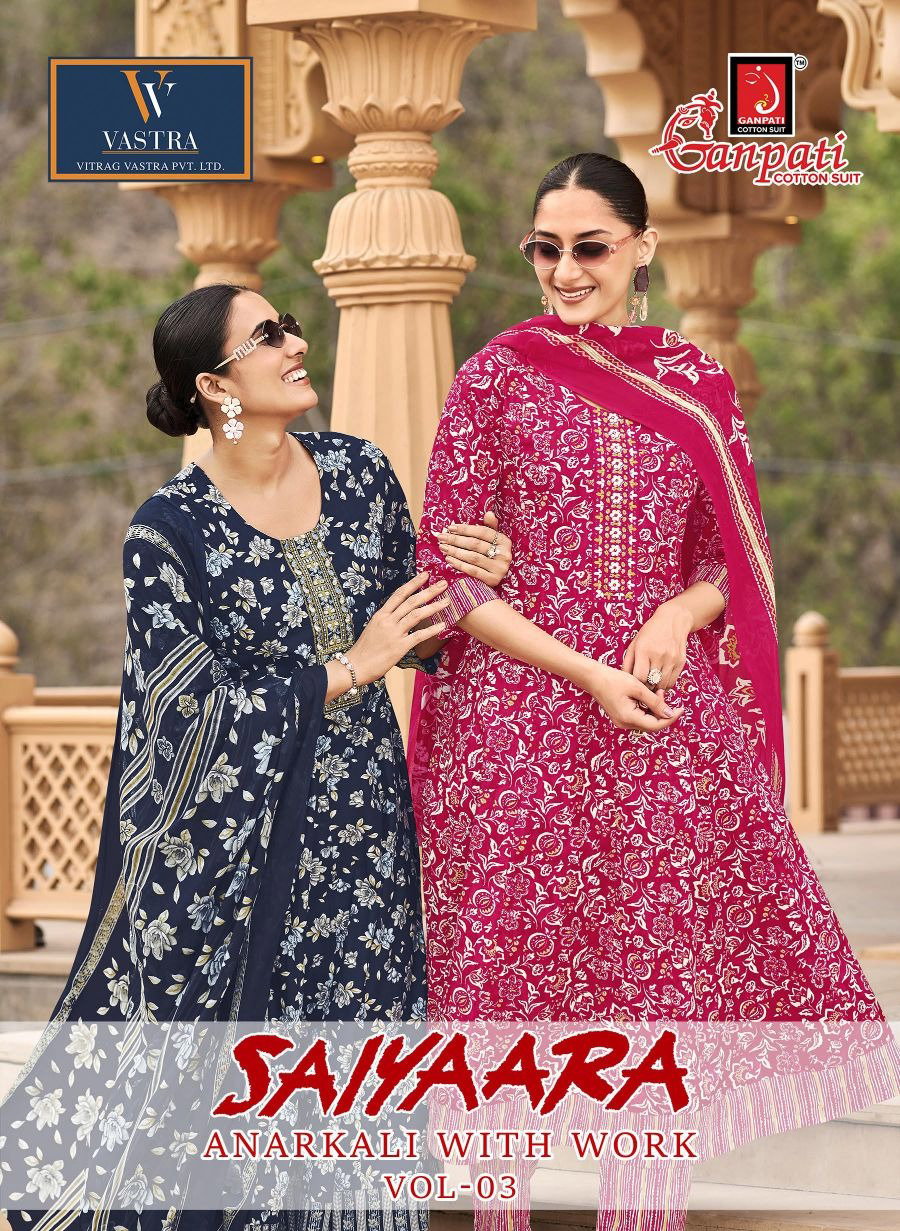 Ganpati Saiyaara Vol 3 Anarkali Style Cotton Printed Kurti Pant With Dupatta