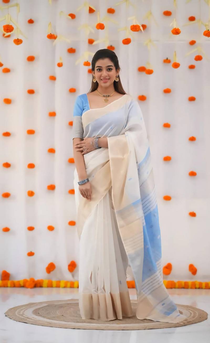 Sf Onam Linen Cotton Woven Saree Crafted With Paisley Printed Collection