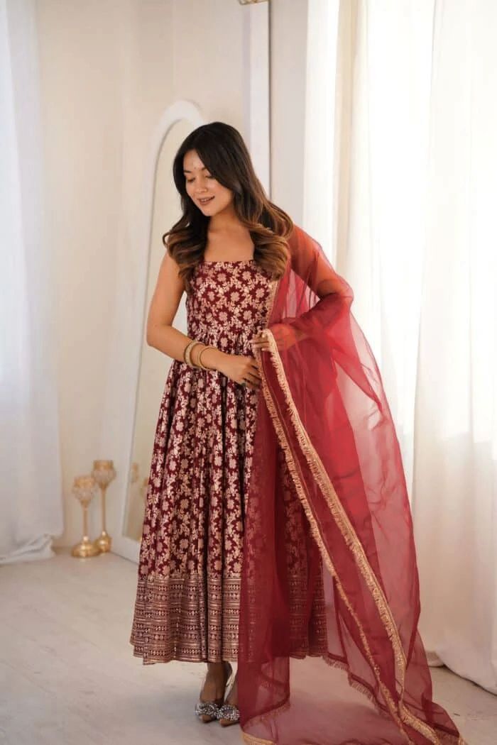 Glory 6029 Chanderi Jacquard Butti Anarkali Gown With Pent And Dupatta