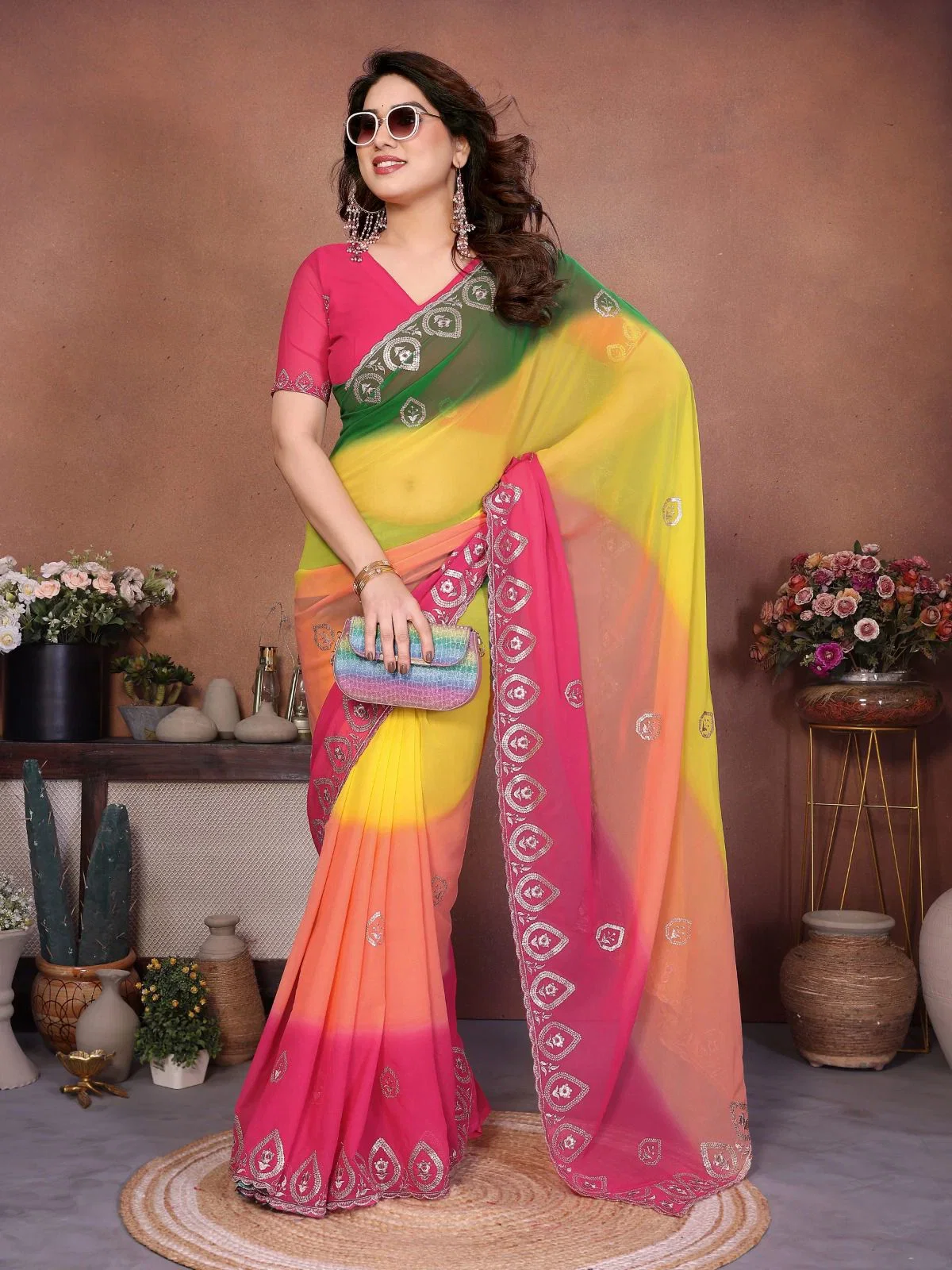 Csn Rakul Georgette Silk Embroidery Worked Saree Collection