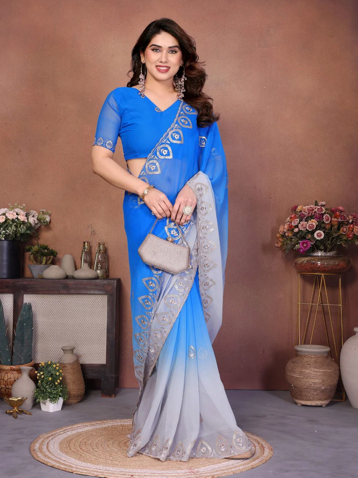 Csn Rakul Georgette Silk Embroidery Worked Saree Collection