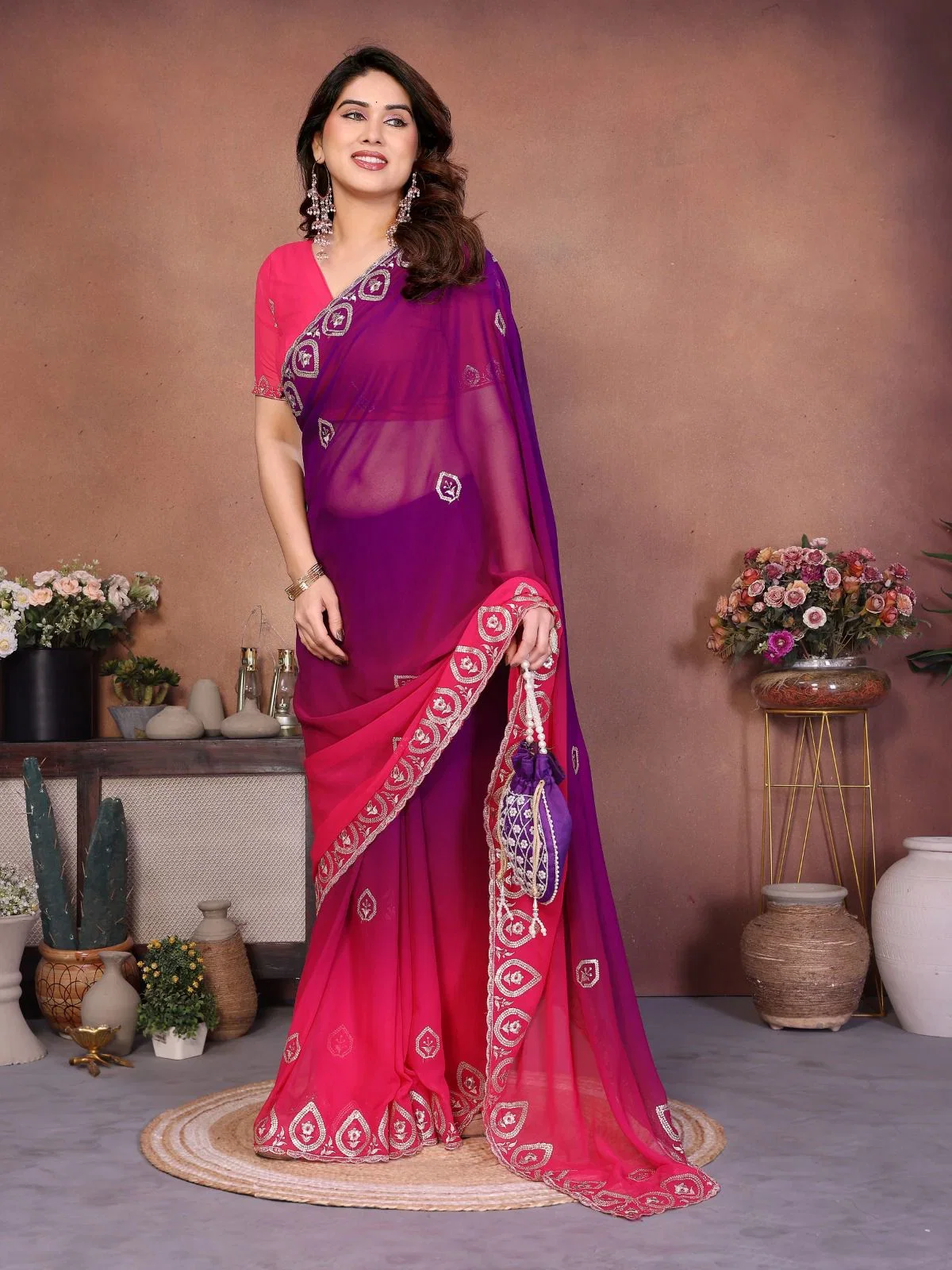Csn Rakul Georgette Silk Embroidery Worked Saree Collection