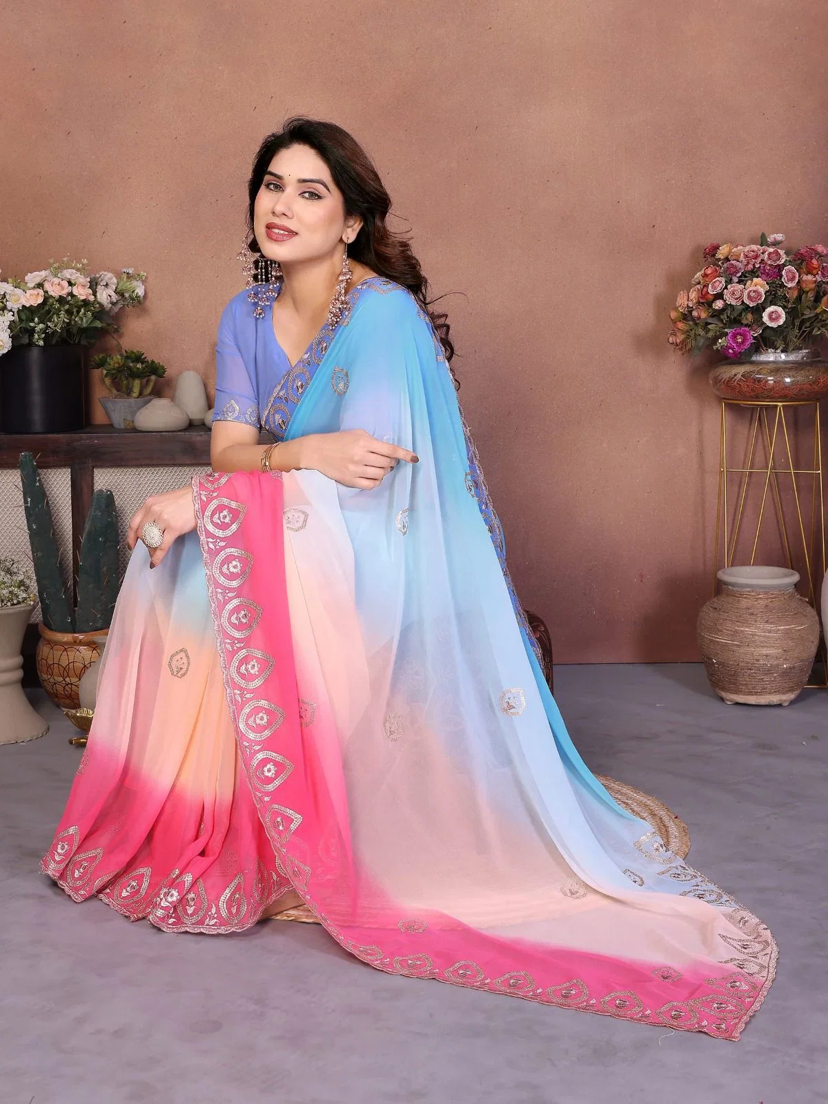 Csn Rakul Georgette Silk Embroidery Worked Saree Collection