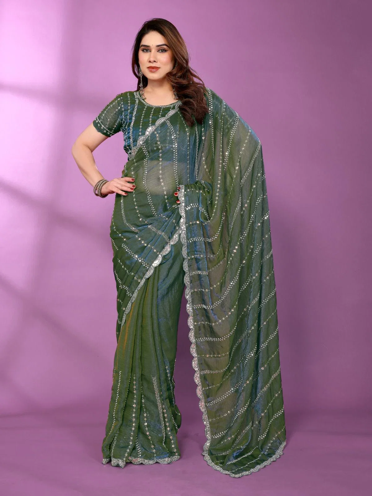 Csn Isha Satin Silk Beeds Worked Fancy Saree Collection