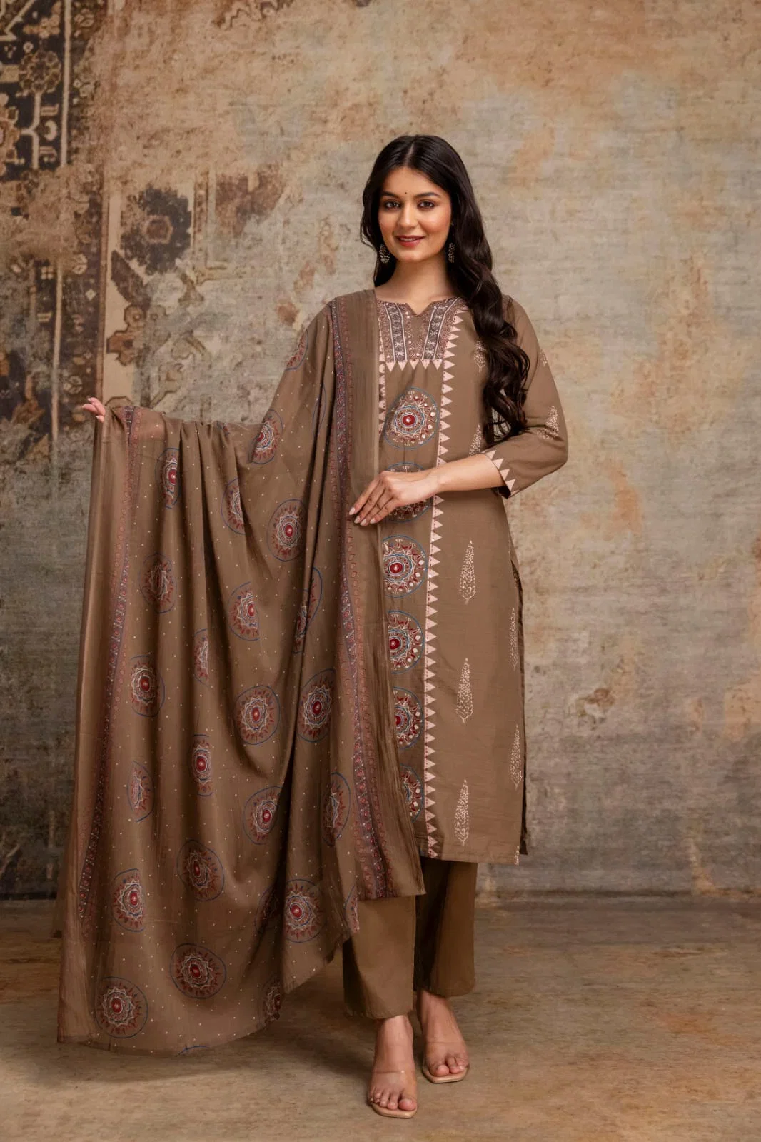 Naisha K 1025 Cotton Ajrakh Panel Printed Kurti With Bottom Dupatta