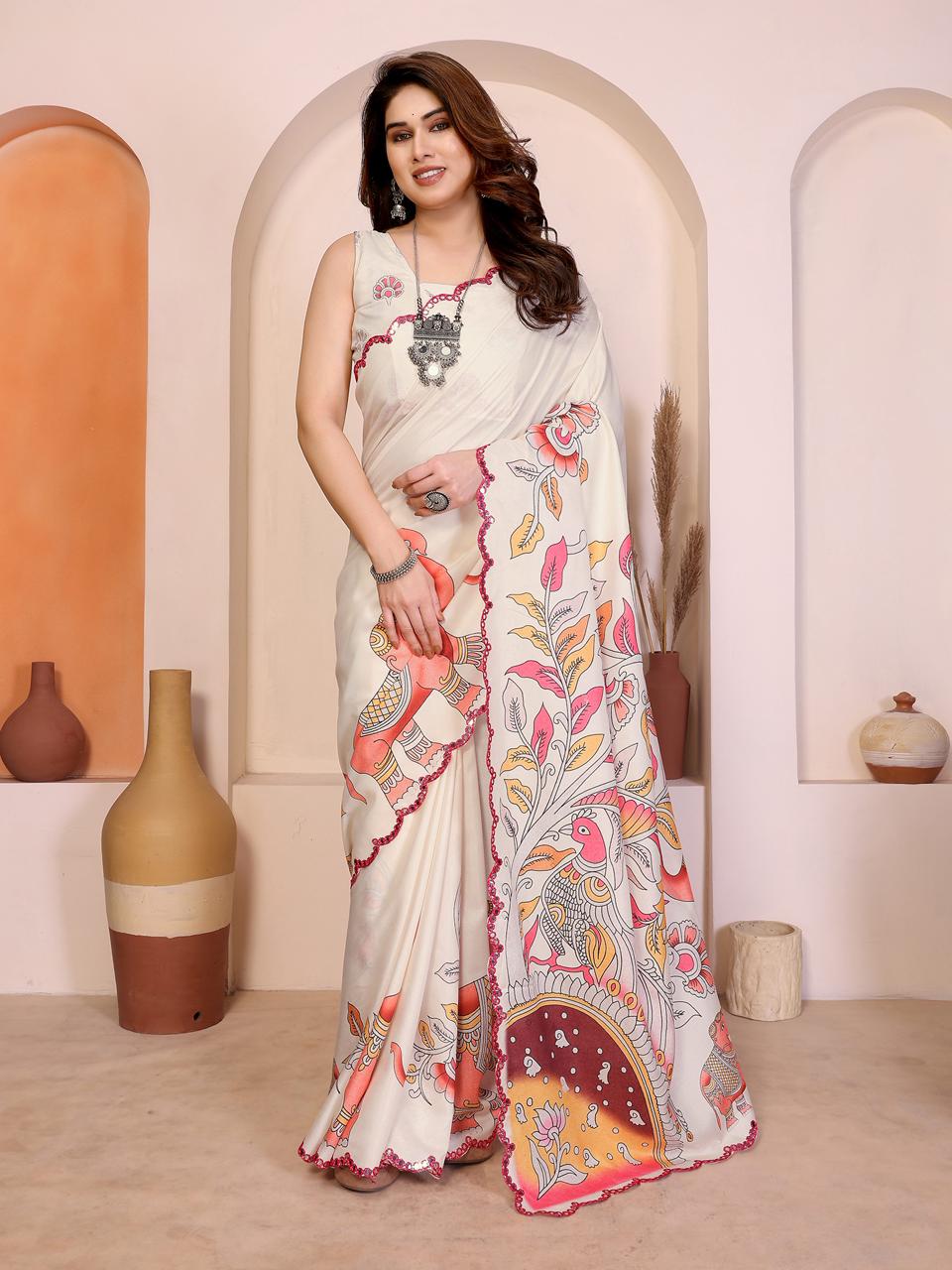 Csn Priya Manipuri Silk Kalamkari Printed Saree Collection