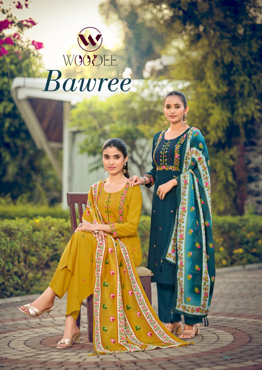 Woodee Bawree Rayon Thread Worked Kurti With Bottom Dupatta