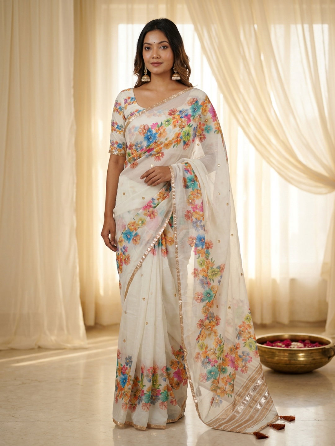 Lekha Shiv VT 763 SOft Tabby Silk Digital Printed Gotta Patti Lace Border Saree