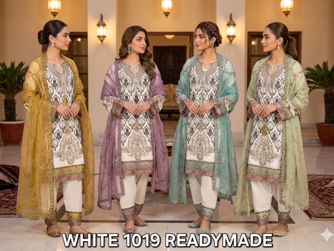 FM White 1019 Readymade Georgette Top Bottom With Dupatta
