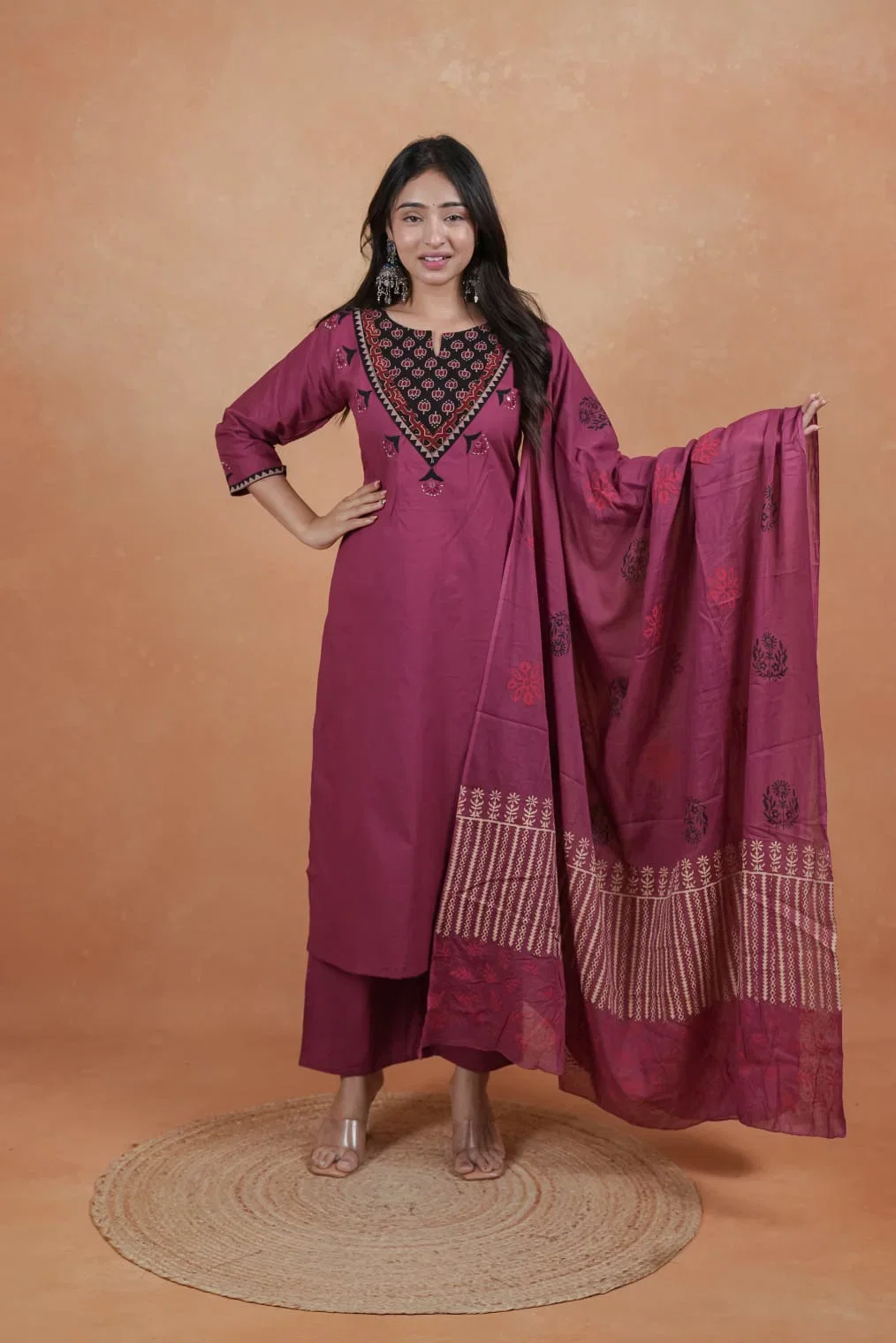 Naisha K 1030 Dhabu Cotton Thread Worked Kurti With Bottom Dupatta