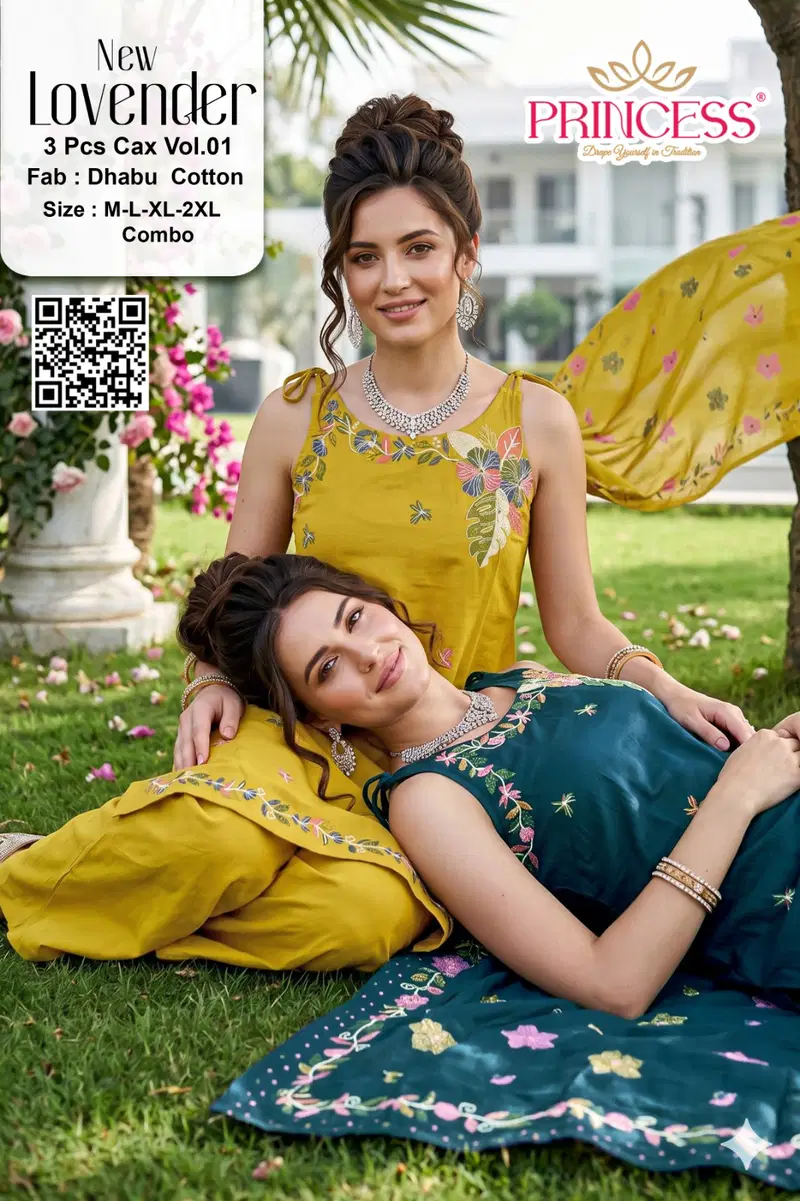 Princess New Lovender Dhabu Cotton Embroidered Kurti Set Collection
