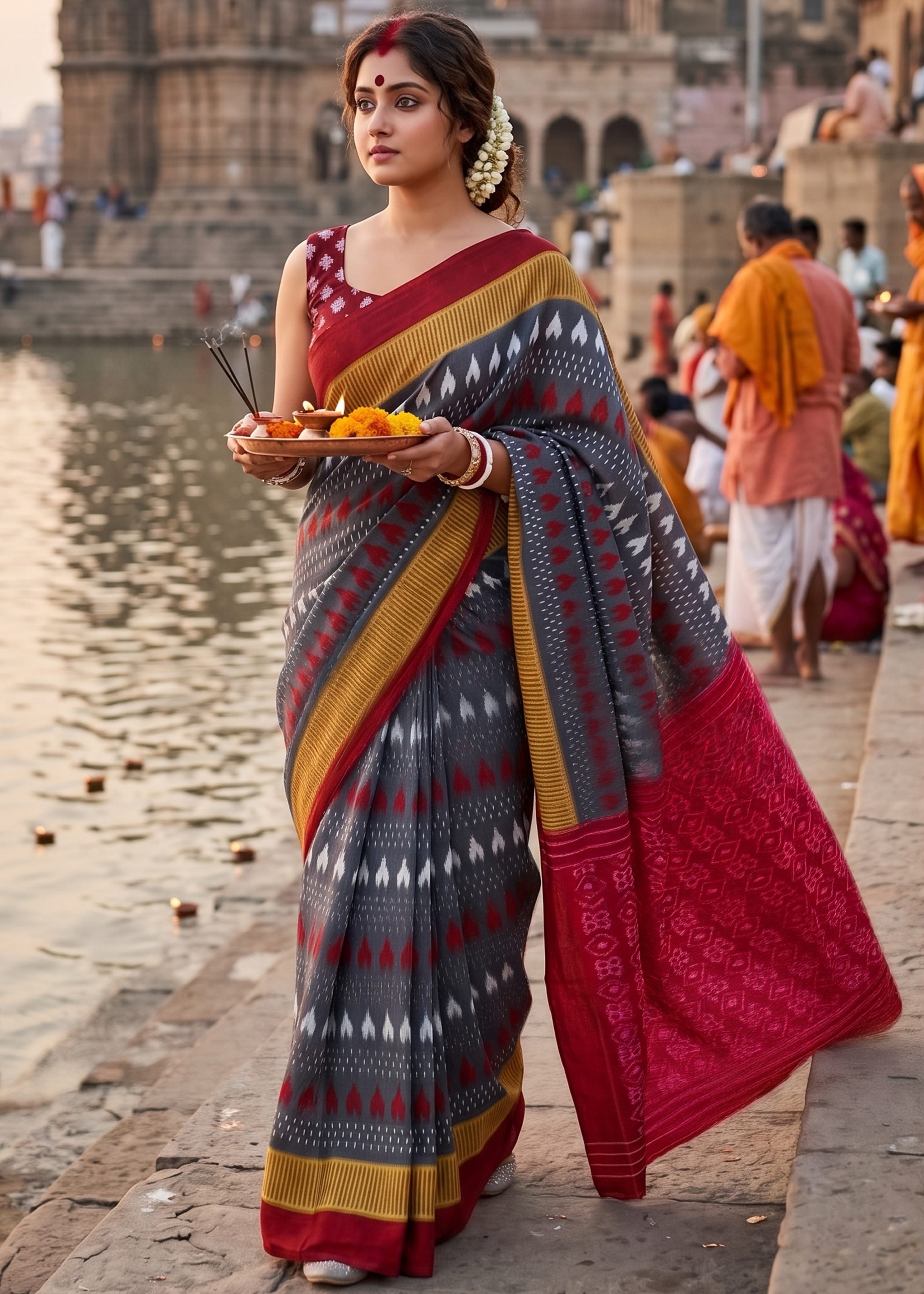 Sm Yami 131 Mal Cotton Ikkat Hand Printed Saree