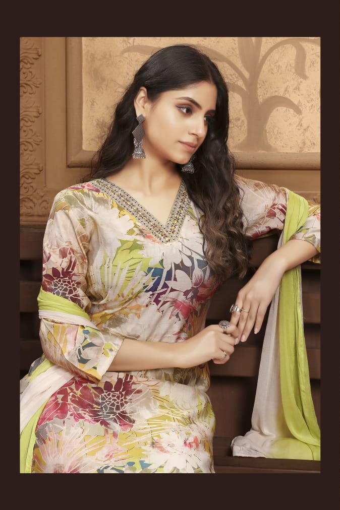 Moksh Kaashvi D No 9009 Chanderi Hand Worked Kurti With Bottom Dupatta