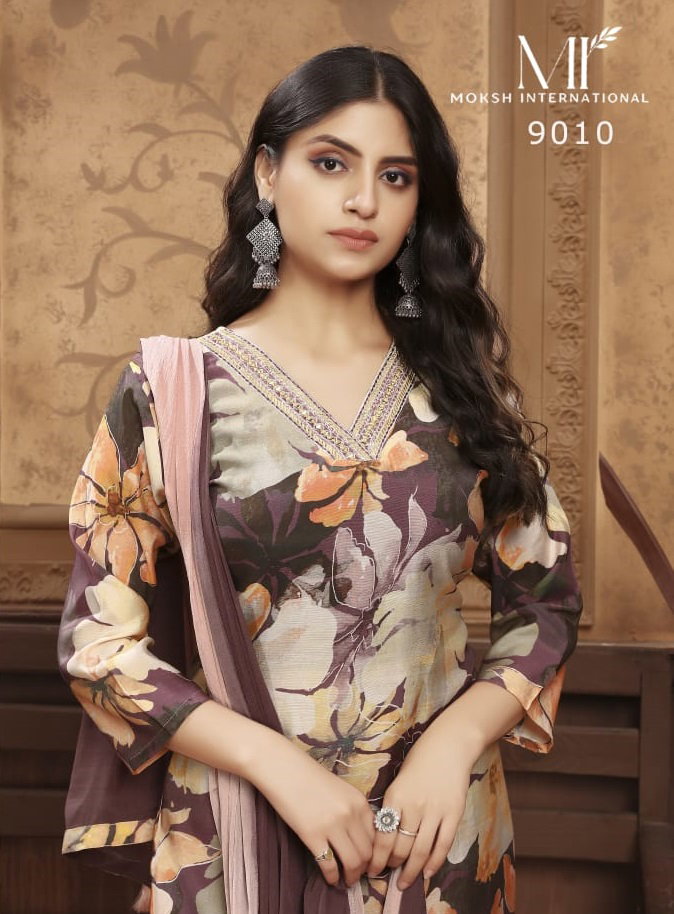 Moksh Kaashvi D No 9010 Chanderi Hand Worked Kurti With Bottom Dupatta