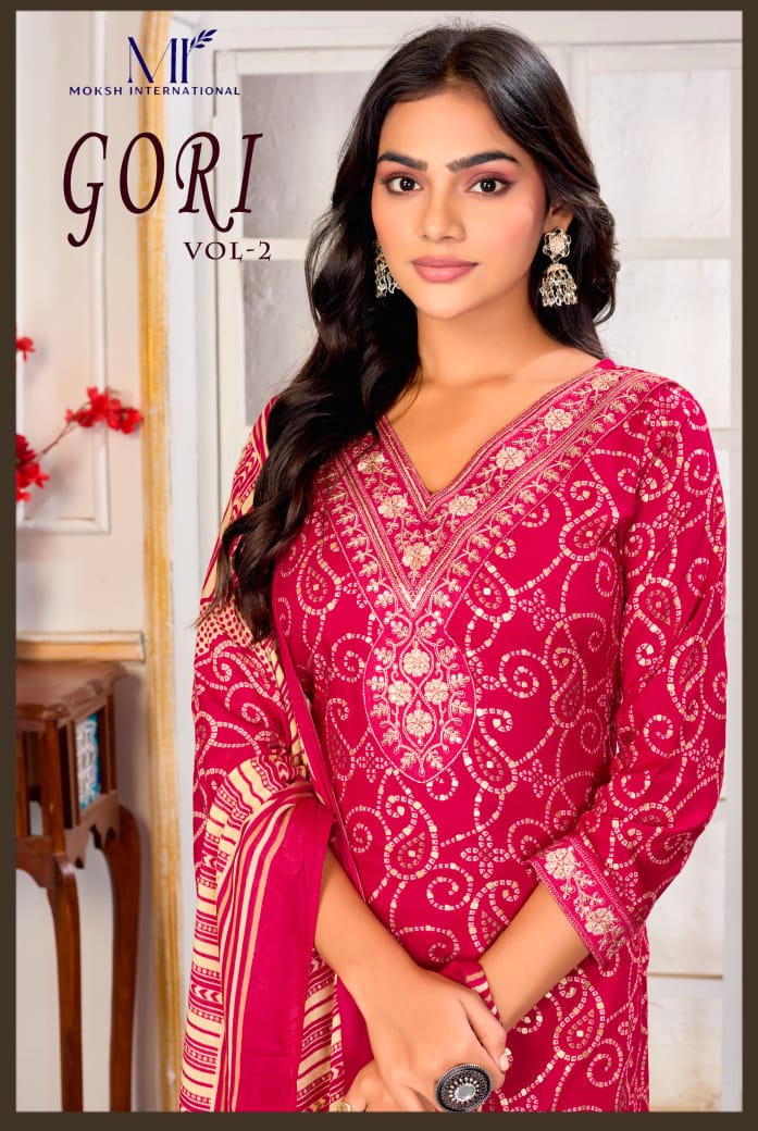 Moksh Gori D No 1439 Heavy Reyon Embroidery Worked Kurti With Bottom Dupatta