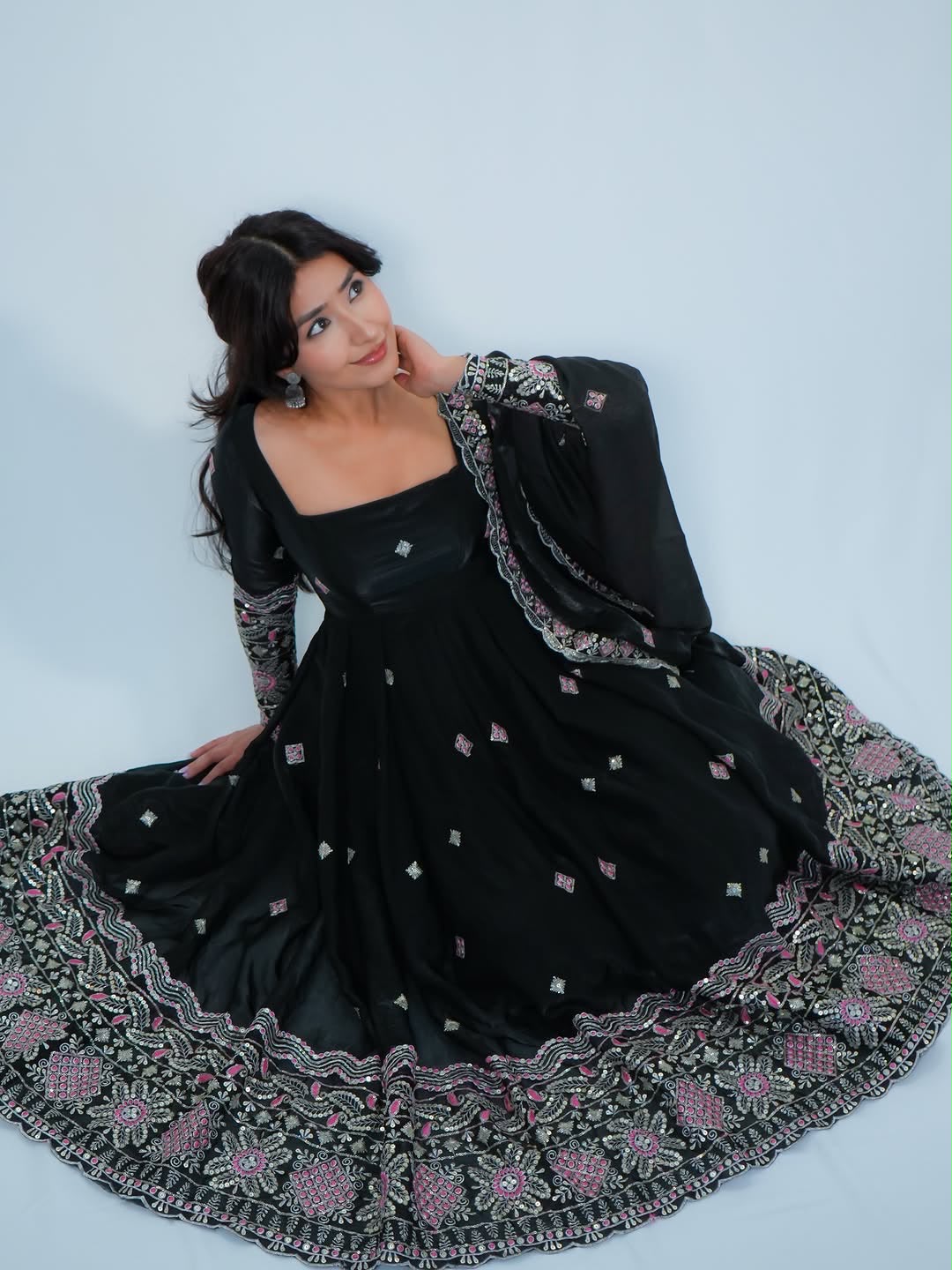 Glory KD 1619 BlackFendy Silk Readymade Anarkali With Pant And Dupatta