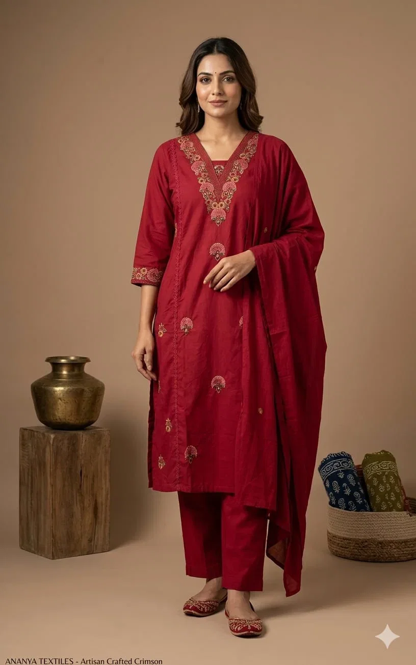 Naisha K 1033 Cambric Cotton Embroidered Kurti With Bottom Dupatta