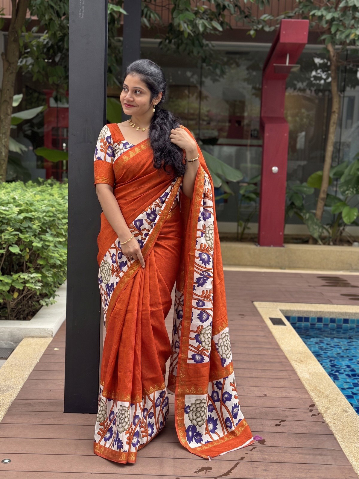 VLC Kadi Mangalgiri Silk Kalamkari Gap Border Printed Pallu Saree