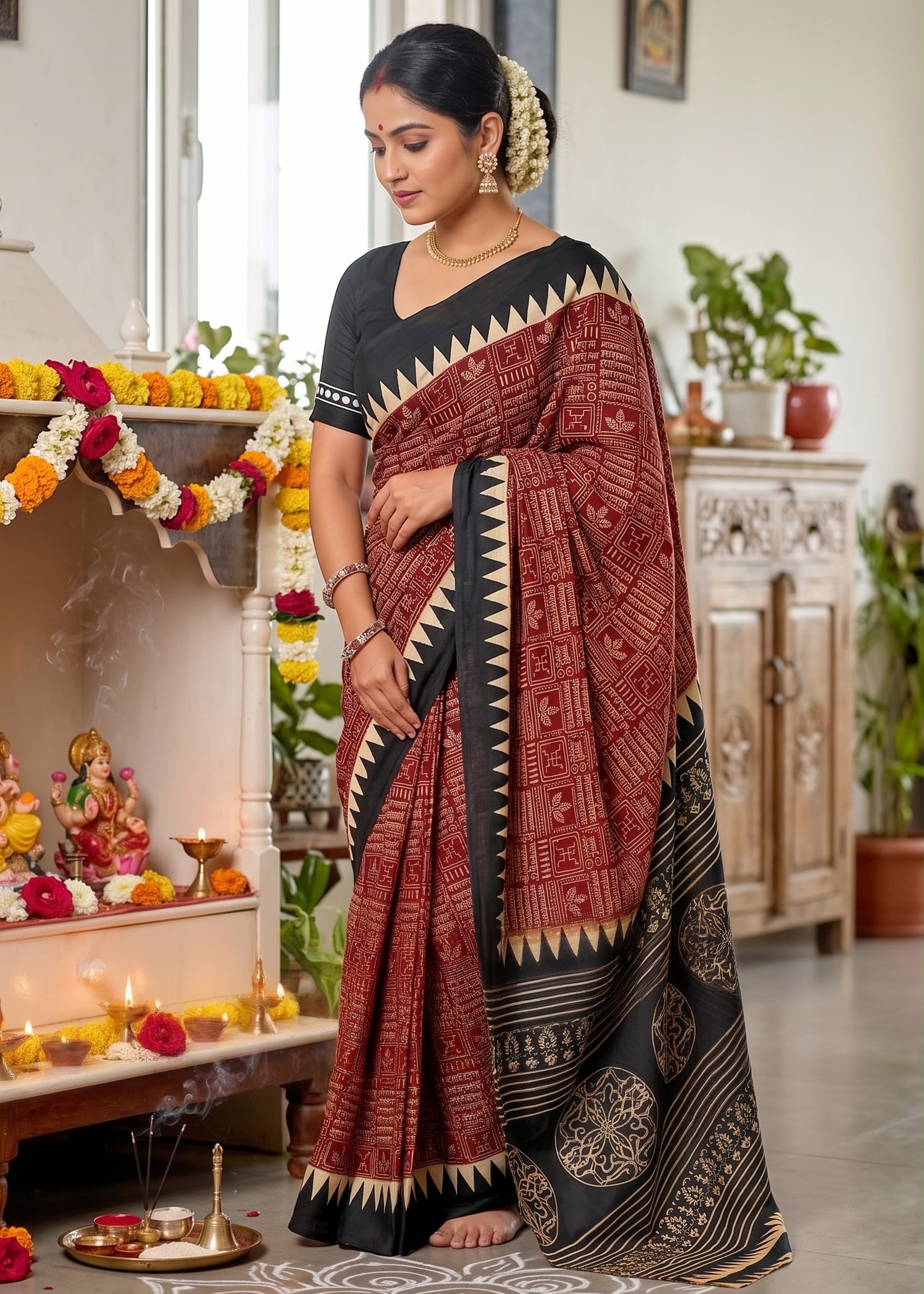 Sm Yami 134 Mal Cotton Sanskrit Mantras Block Printed Saree