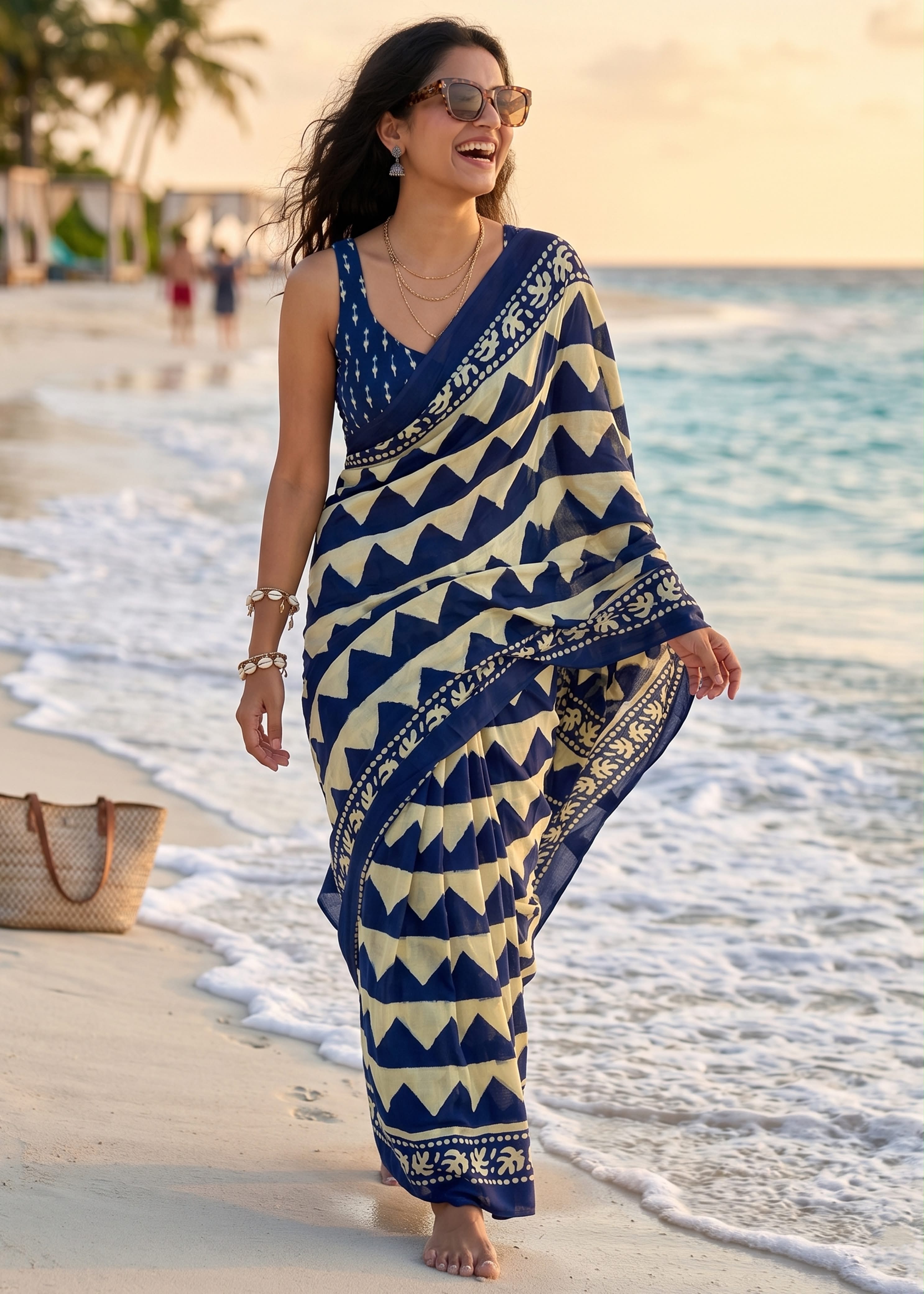 Sm Yami 138 Mal Cotton Zigzag Hand Block Printed Saree