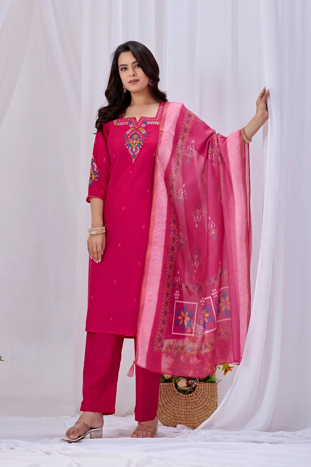 Md 102 Roman Silk Embroidered Kurti With Bottom Dupatta