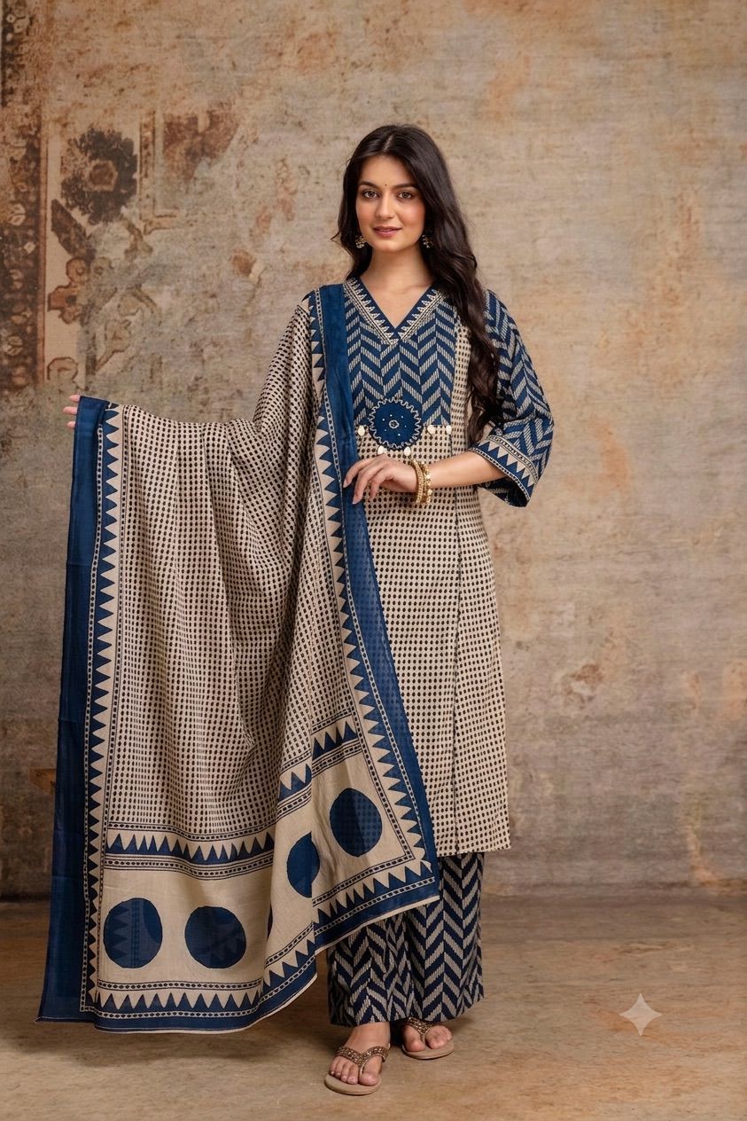 Naisha K 1037 Cotton Printed Kurti With Bottom Dupatta