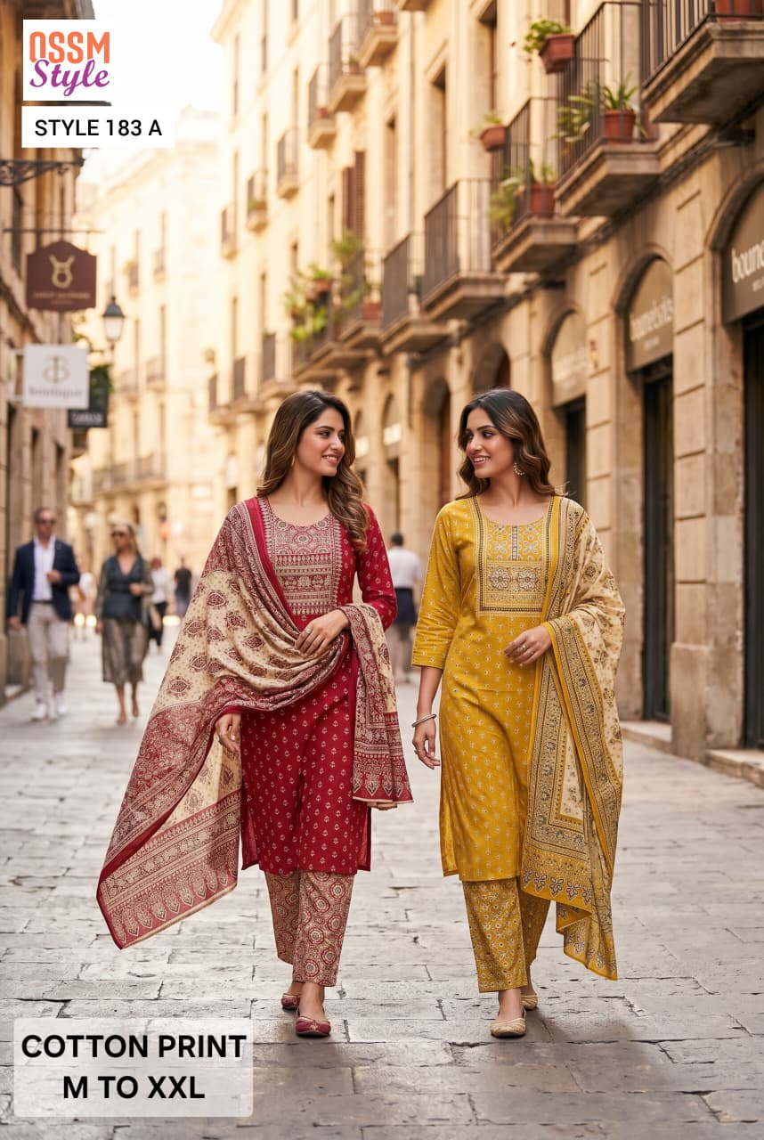Ossm Style 183 A And B Cotton Printed Kurti With Bottom Dupatta