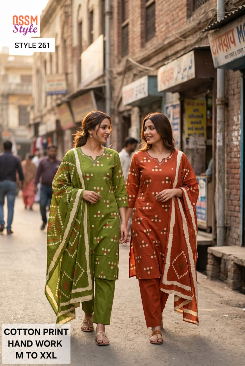 Ossm Style 261 Cotton Print Handworked Kurti With Bottom Dupatta