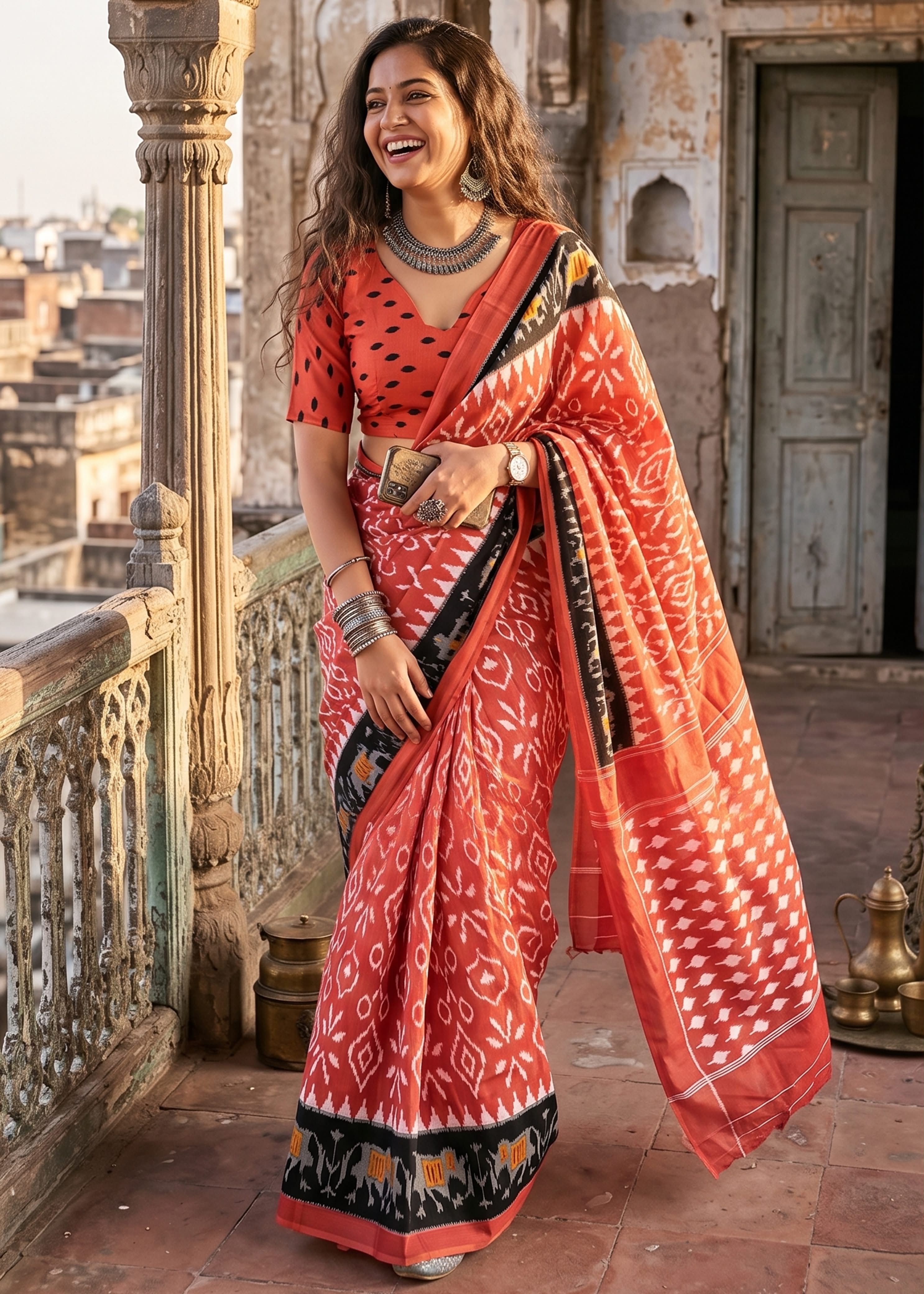 Sm Yami 143 Mal Cotton Ikkat Hand Block Print Saree