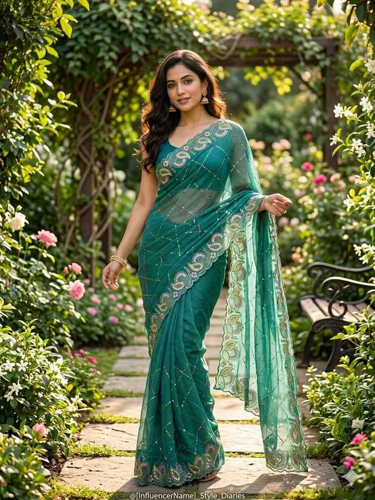 Kc 411 Pure Chiffon Sequins Embroidered Designer Saree Collection