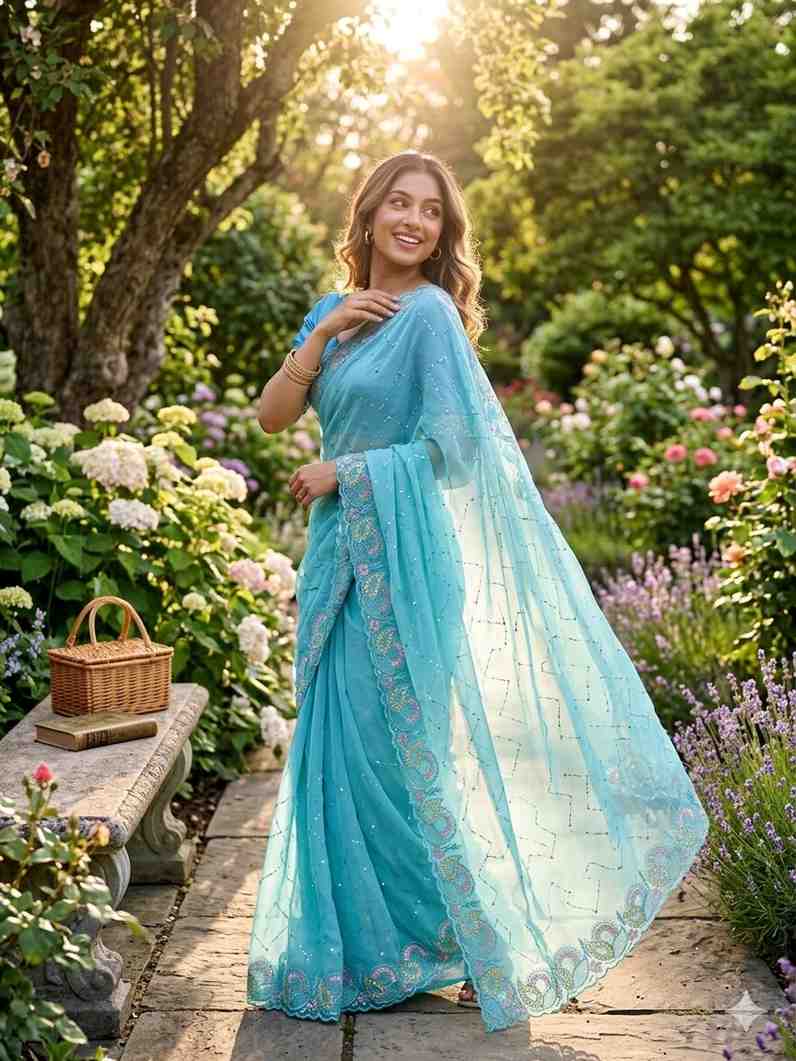 Kc 411 Pure Chiffon Sequins Embroidered Designer Saree Collection