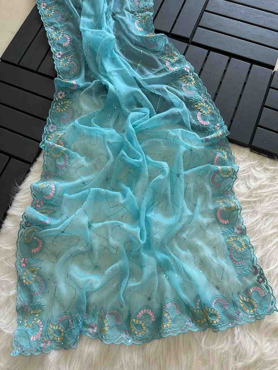 Kc 411 Pure Chiffon Sequins Embroidered Designer Saree Collection