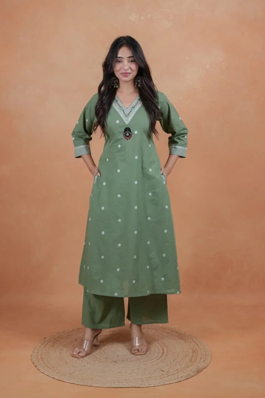 Naisha K 1039 Cotton Handloom Mirror Work Kurti With Bottom