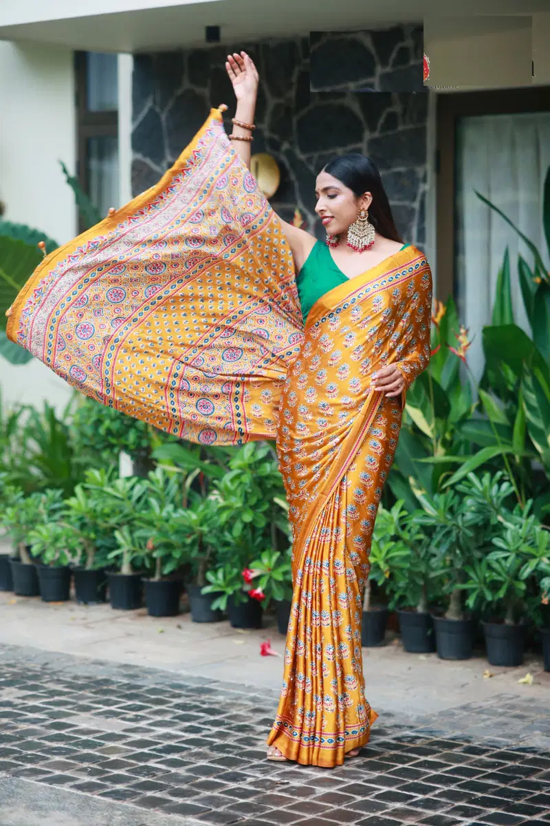 St D No 134 Heavy Crepe Silk Ajrakh Printed Saree Collection