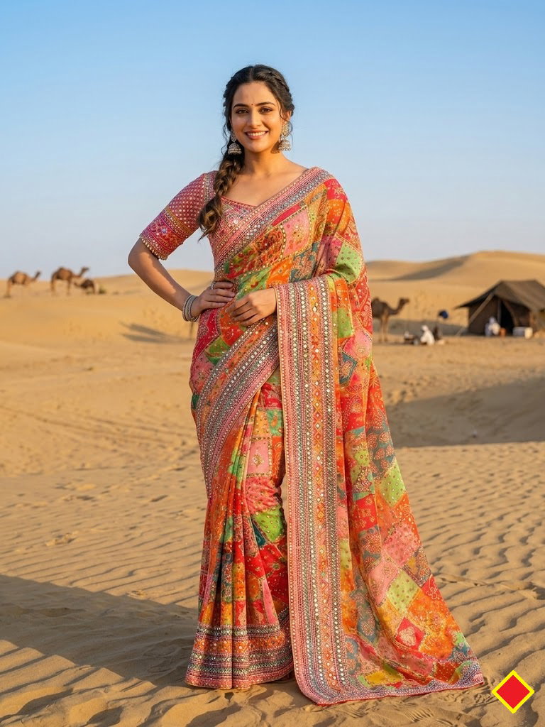 St D No 133 Chinon Silk Handworked Premium Saree Collection