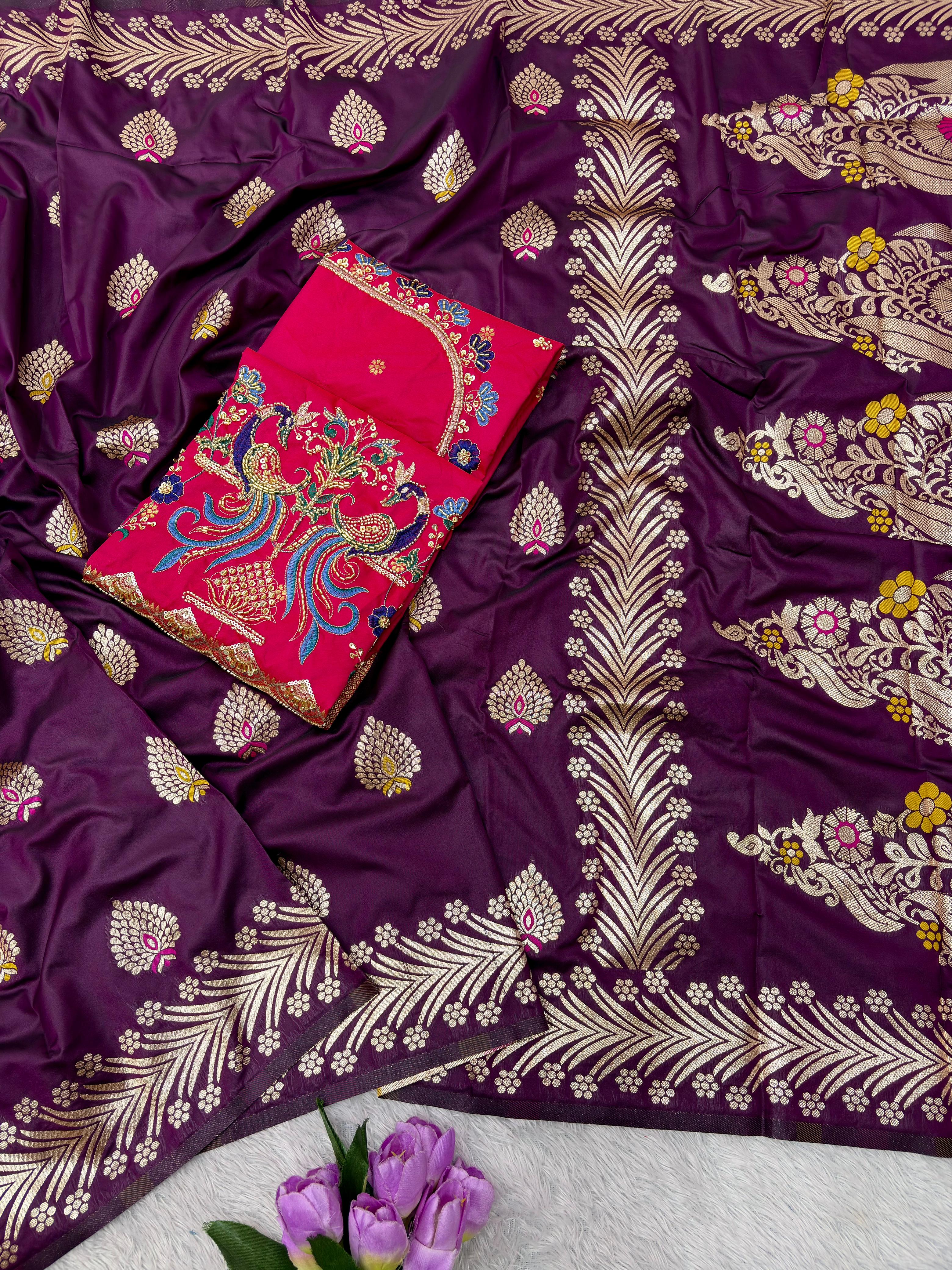 Lekha Mn Dil Aari Work soft Banarasi Silk Meenakari Weaving Work Saree