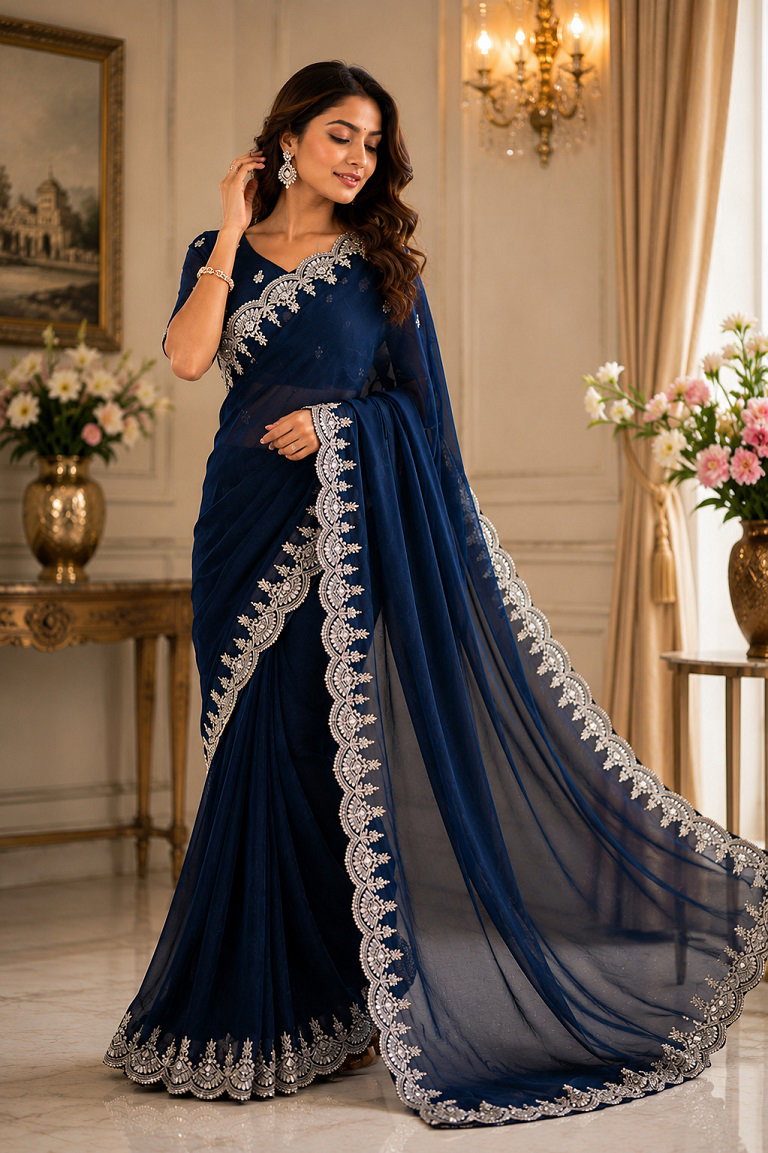 Meera 342 Party Wear Embroidery Worked Shimmer Chiffon Saree with Un Stitched Blouse