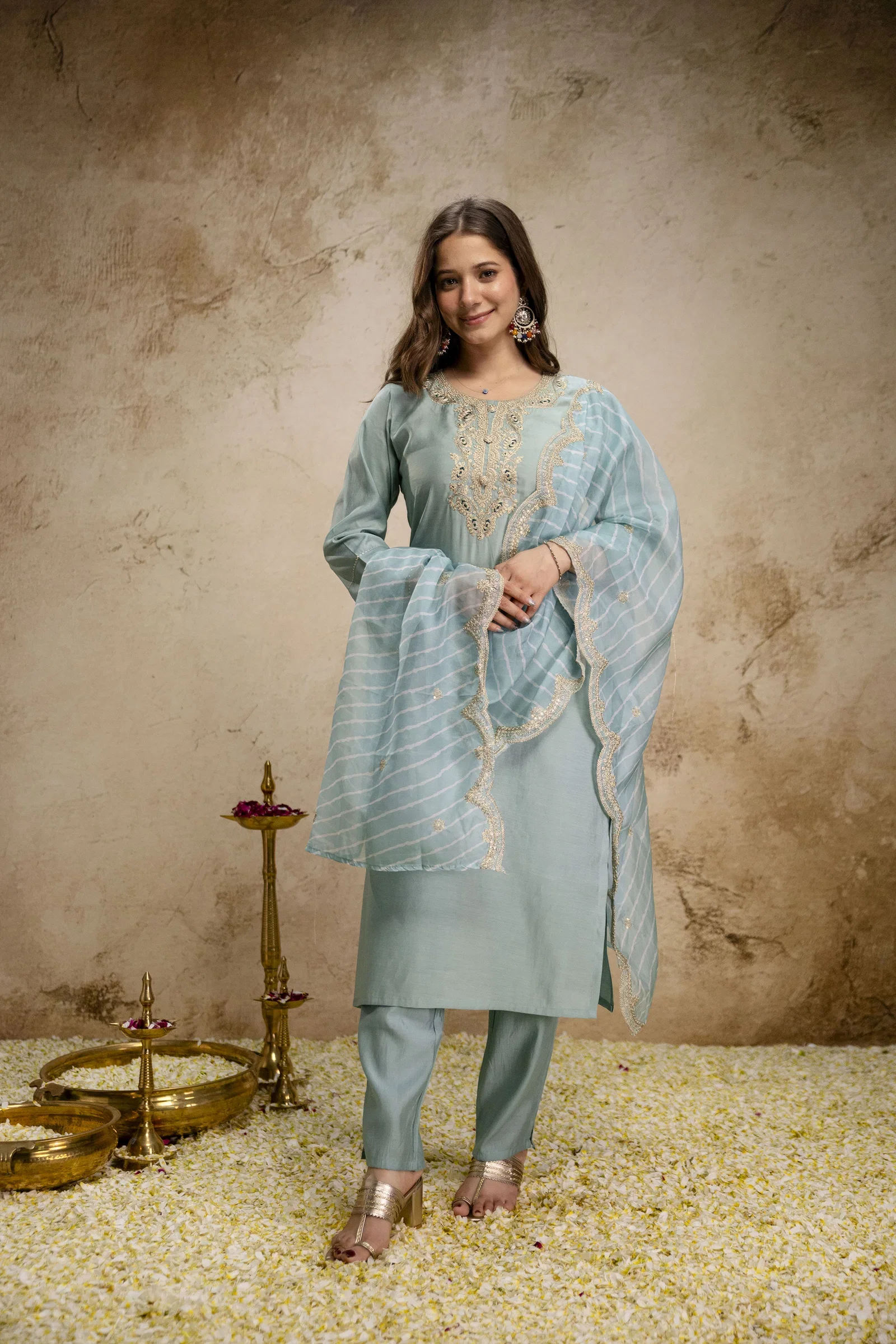 Devkiyara 01 Roman Silk Embroidered Kurti With Pant Dupatta