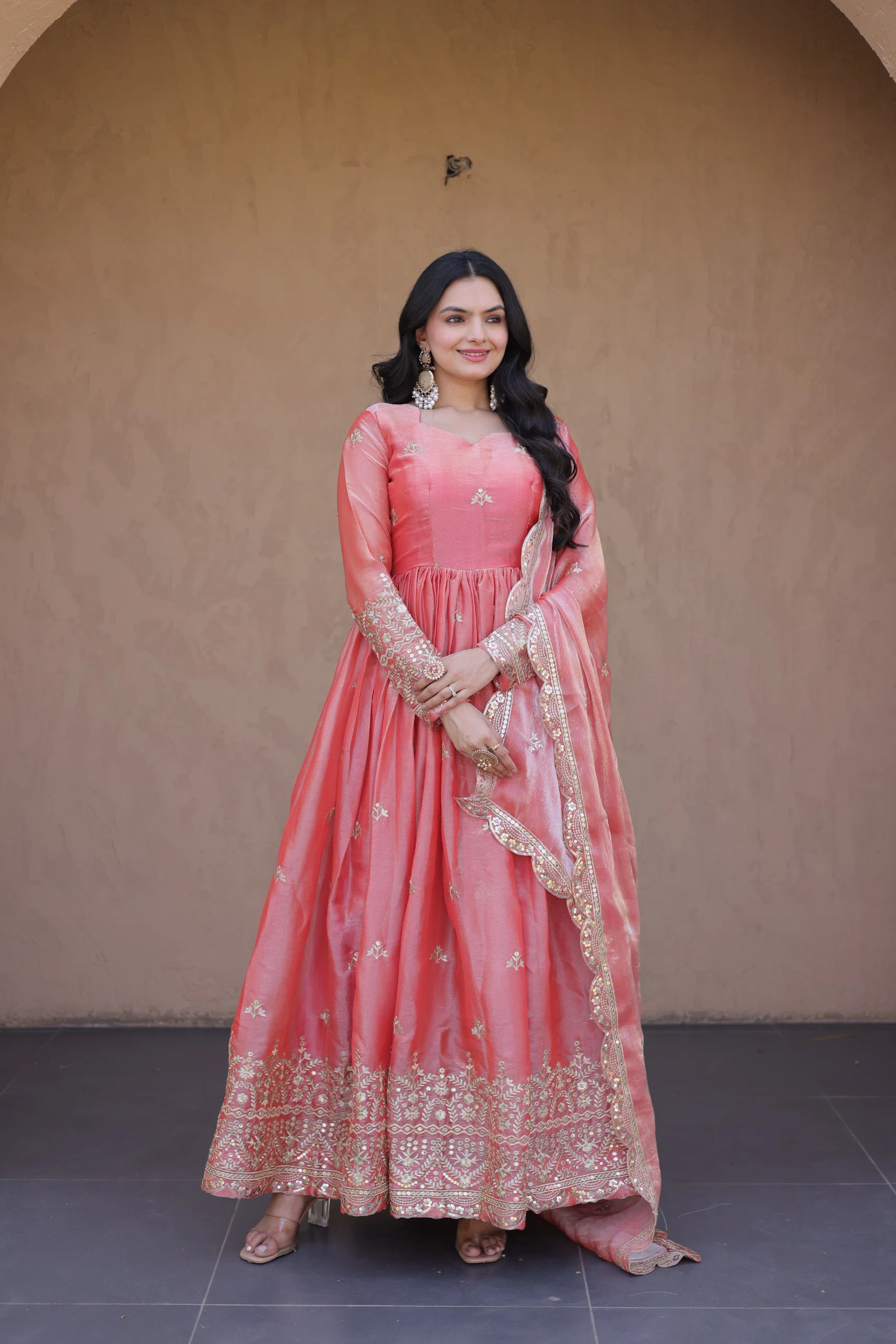 Lekha KA 1260 Fendi Silk Heavy Sequins Zari Embroidery Gown With Dupatta