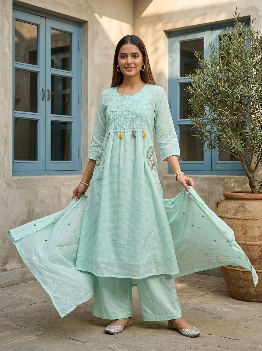 Naisha K 1046 Kota Doriya Embroidered Kurti With Bottom Dupatta