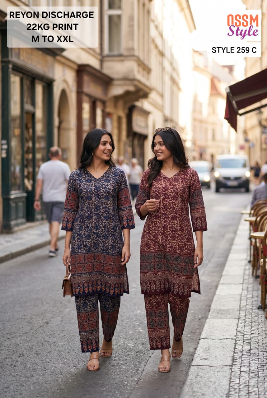 Ossm Style 259 A TO C Rayon Discharge Printed Kurti With Bottom
