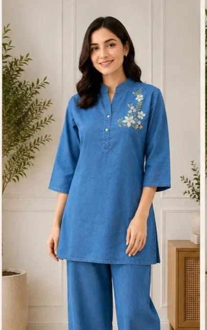 Tlc Vol 01 Soft Denim Floral Embroidered Co Ord Set Collection
