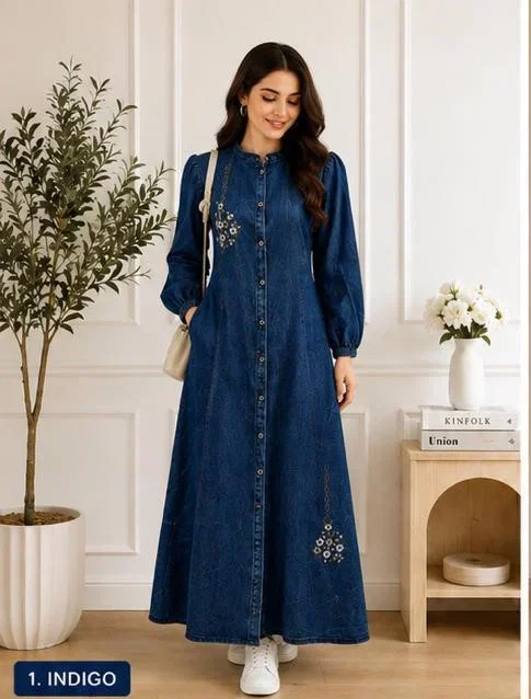 Tlc Vol 02 Denim Embroidered Long Maxi One Piece Collection