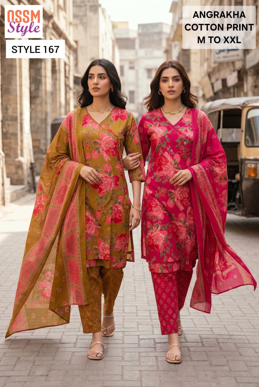 Ossm Style 167 Cotton Print Angrakha Pattern Kurti With Bottom Dupatta