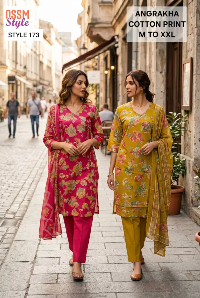 Ossm Style 173 Cotton Printed Angrakha Pattern Kurti With Bottom Dupatta