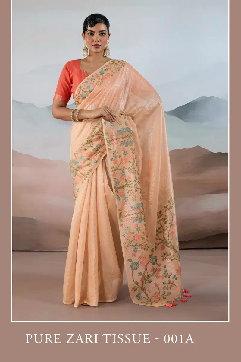 Pure Zari Tissue 001 A To E Handloom Zari Tissue Brasso Weaving Saree