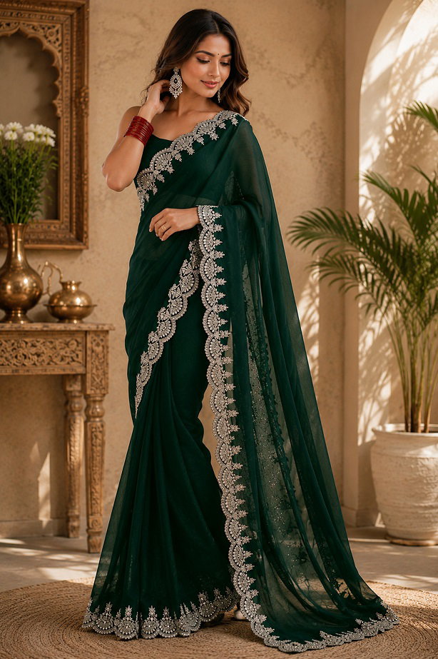 Meera 343 Party Wear Embroidery Worked Shimmer Chiffon Saree with Un Stitched Blouse