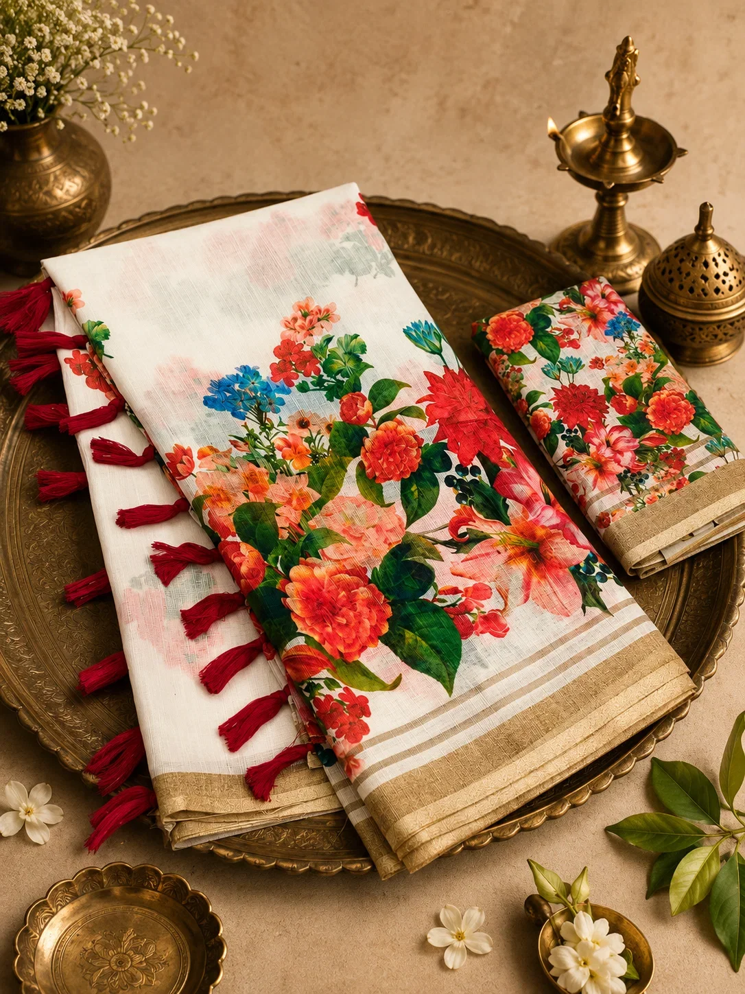 Scmg Flora D Linen Floral Printed Saree Collection