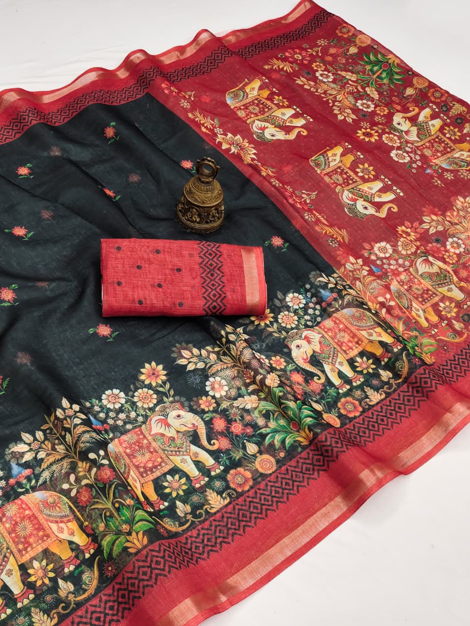 Scmg Flora C Linen Ethnic Motif Printed Saree Collection
