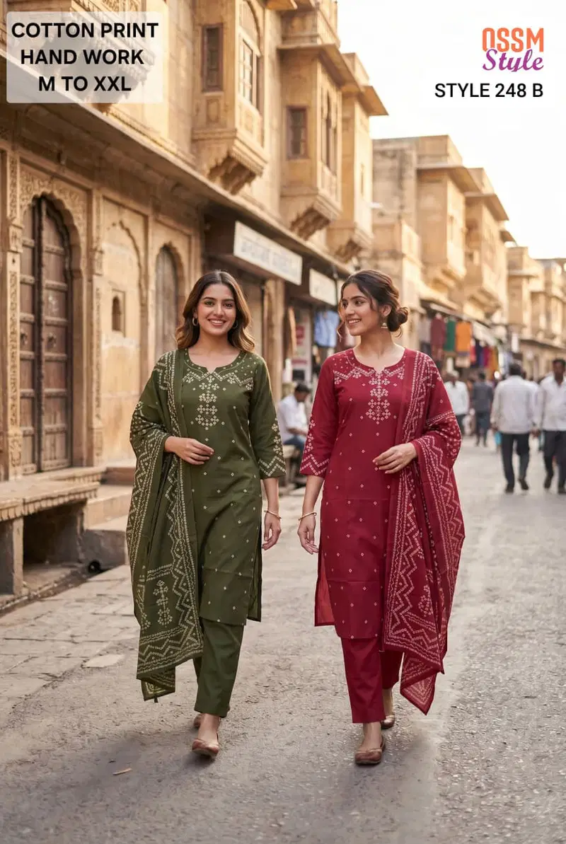 Ossm Style 248 A And B Cotton Printed Hand Worked Kurti With Bottom Dupatta